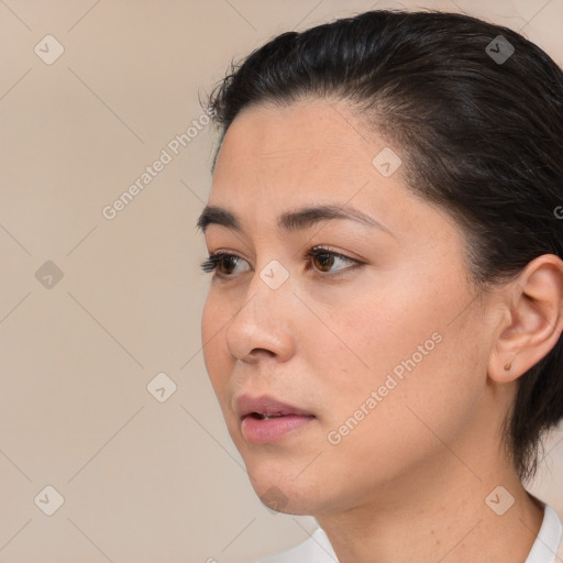 Neutral white young-adult female with short  brown hair and brown eyes