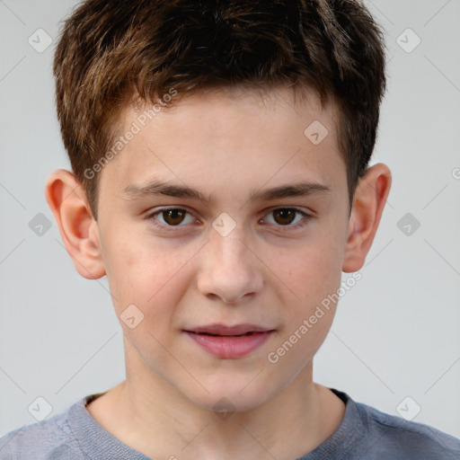 Joyful white child male with short  brown hair and brown eyes