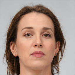 Neutral white young-adult female with medium  brown hair and brown eyes