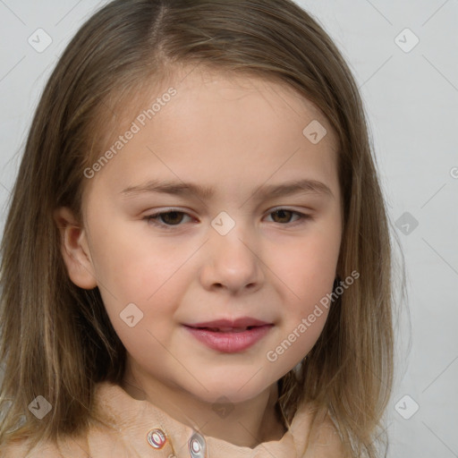 Joyful white child female with medium  brown hair and brown eyes