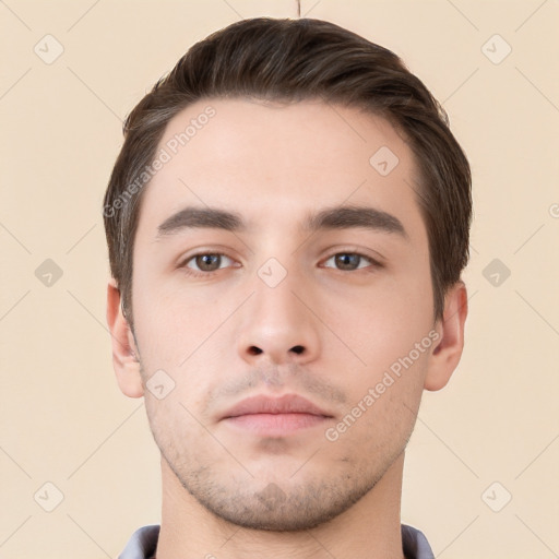 Neutral white young-adult male with short  brown hair and brown eyes