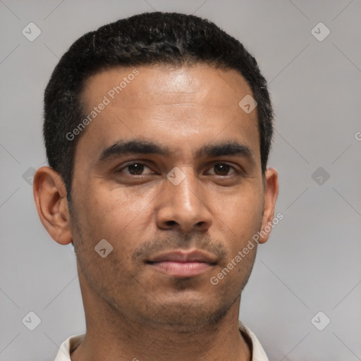 Neutral latino young-adult male with short  black hair and brown eyes