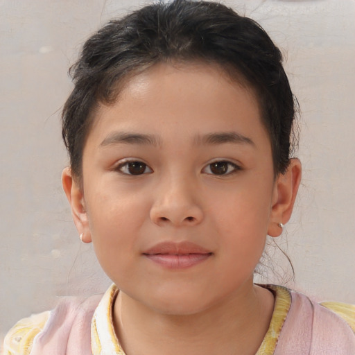 Joyful white child female with short  brown hair and brown eyes