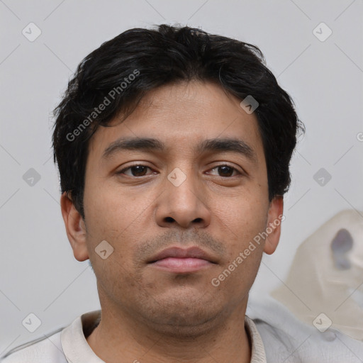 Neutral asian young-adult male with short  black hair and brown eyes