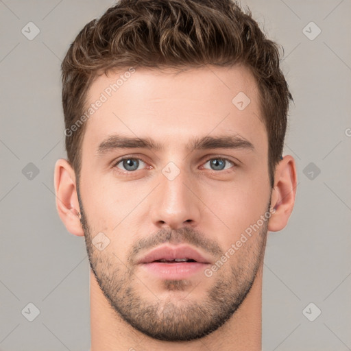 Neutral white young-adult male with short  brown hair and brown eyes