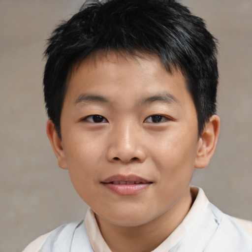 Joyful asian child male with short  brown hair and brown eyes