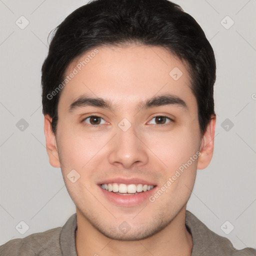 Joyful white young-adult male with short  black hair and brown eyes