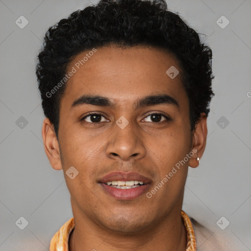 Joyful latino young-adult male with short  brown hair and brown eyes