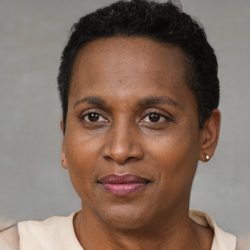 Joyful black adult female with short  brown hair and brown eyes