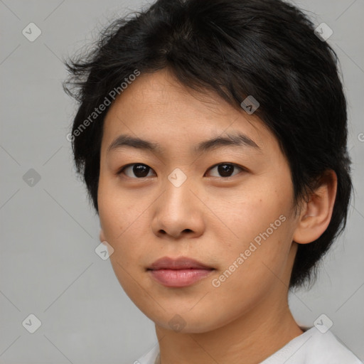 Neutral asian young-adult female with medium  brown hair and brown eyes