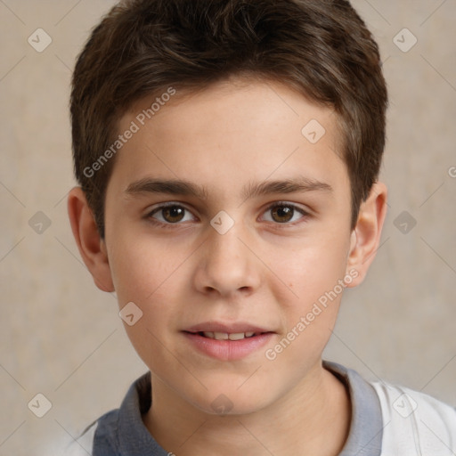 Joyful white child male with short  brown hair and brown eyes