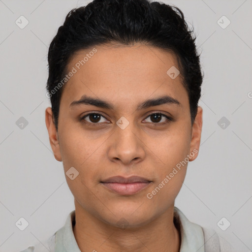 Joyful latino young-adult female with short  brown hair and brown eyes