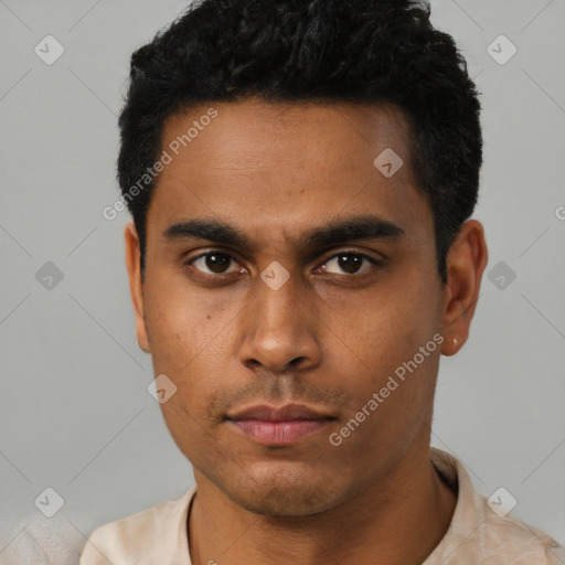 Neutral latino young-adult male with short  black hair and brown eyes