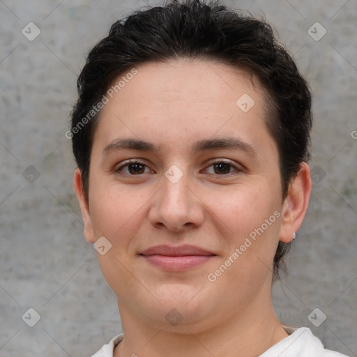 Joyful white young-adult female with short  brown hair and brown eyes