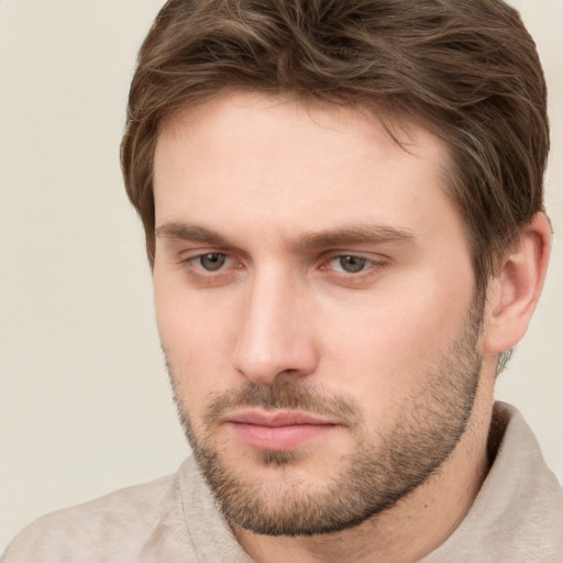 Neutral white young-adult male with short  brown hair and grey eyes