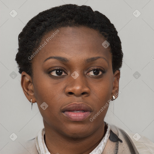 Neutral black young-adult female with short  brown hair and brown eyes