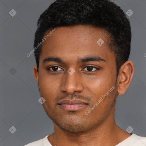 Neutral latino young-adult male with short  black hair and brown eyes