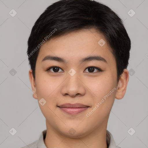 Joyful asian young-adult female with short  brown hair and brown eyes