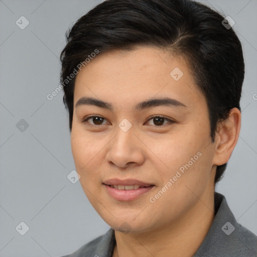 Joyful asian young-adult female with medium  brown hair and brown eyes