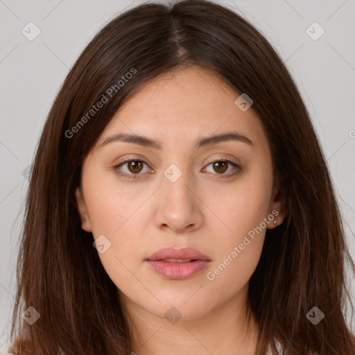 Neutral white young-adult female with long  brown hair and brown eyes