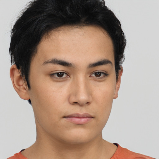 Neutral asian young-adult male with short  black hair and brown eyes