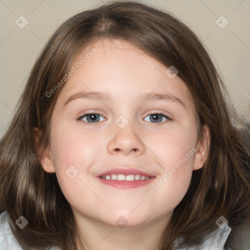 Joyful white child female with medium  brown hair and brown eyes