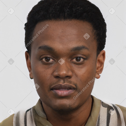 Neutral black young-adult male with short  black hair and brown eyes