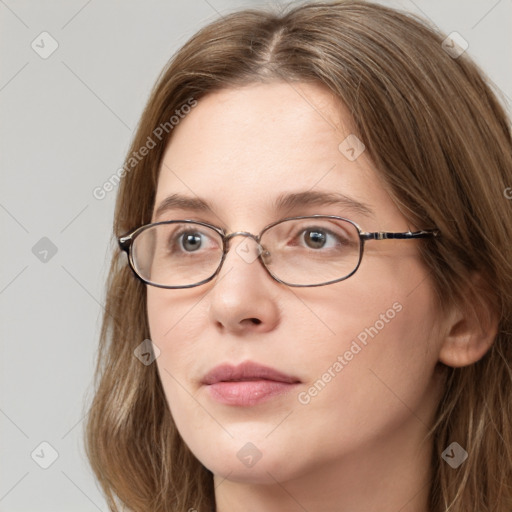 Neutral white young-adult female with long  brown hair and grey eyes