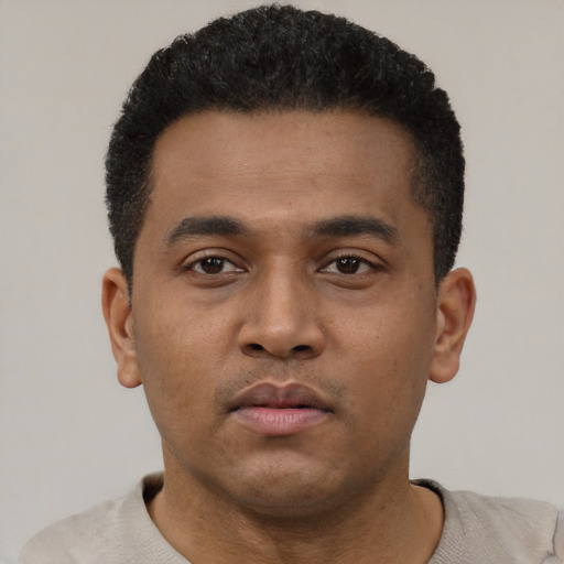 Neutral latino young-adult male with short  black hair and brown eyes