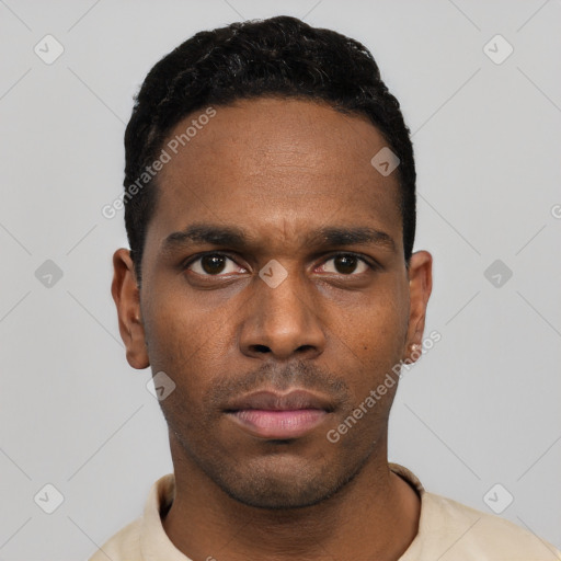 Neutral black young-adult male with short  black hair and brown eyes