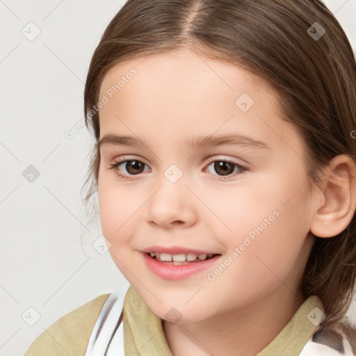 Joyful white child female with medium  brown hair and brown eyes