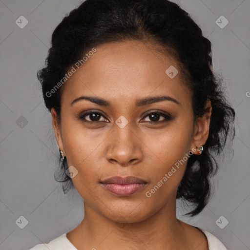 Joyful black young-adult female with medium  black hair and brown eyes