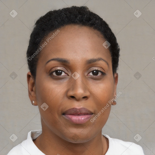 Neutral black young-adult female with short  brown hair and brown eyes