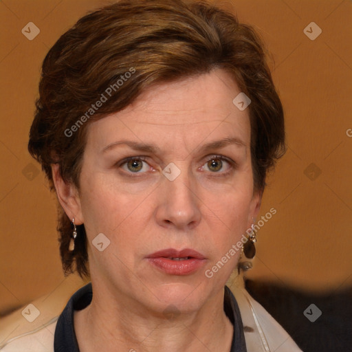 Neutral white adult female with medium  brown hair and brown eyes