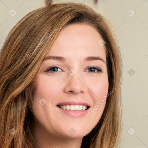 Joyful white young-adult female with long  brown hair and green eyes