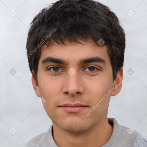 Neutral white young-adult male with short  brown hair and brown eyes