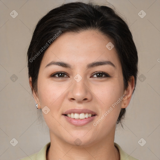 Joyful white young-adult female with medium  brown hair and brown eyes