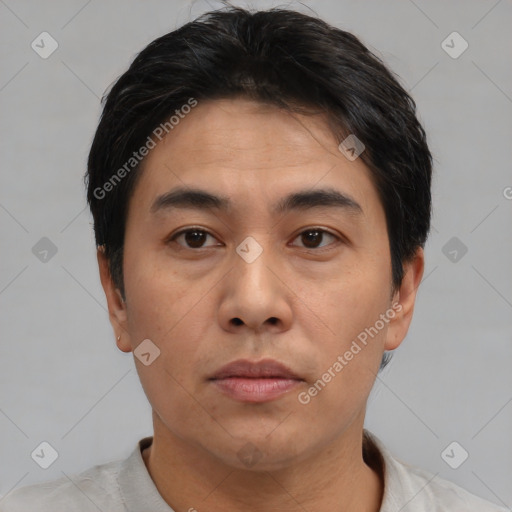 Neutral asian young-adult male with short  brown hair and brown eyes