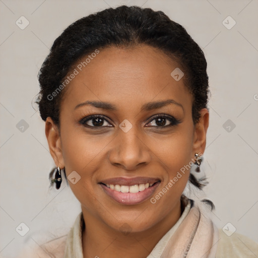 Joyful latino young-adult female with short  brown hair and brown eyes