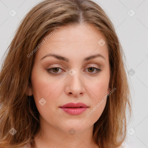 Joyful white young-adult female with long  brown hair and green eyes