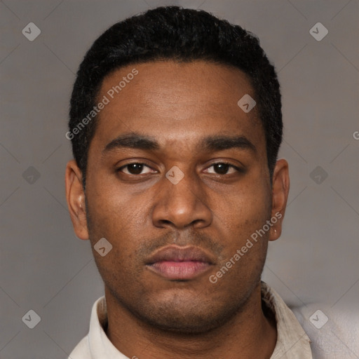 Neutral latino young-adult male with short  black hair and brown eyes