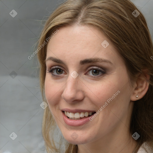 Joyful white young-adult female with long  brown hair and grey eyes