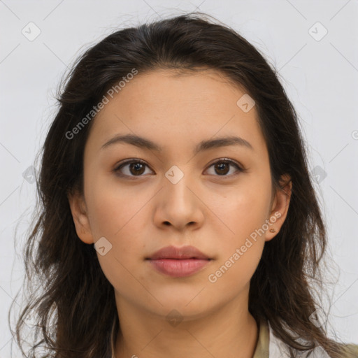 Neutral asian young-adult female with long  brown hair and brown eyes