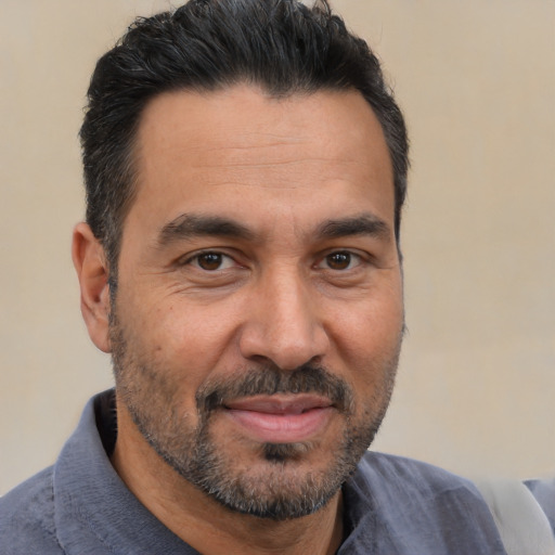 Joyful asian adult male with short  brown hair and brown eyes