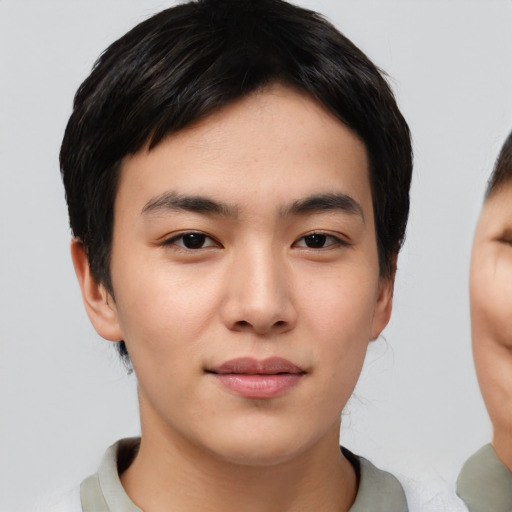 Neutral asian young-adult male with short  brown hair and brown eyes