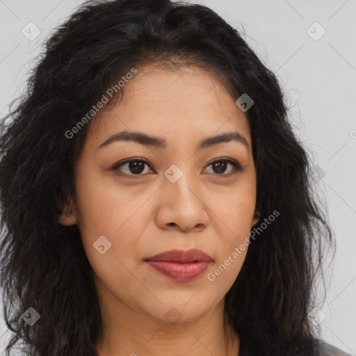 Joyful asian young-adult female with long  brown hair and brown eyes