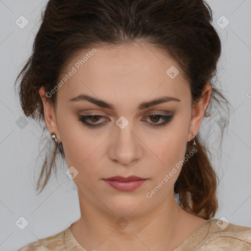 Neutral white young-adult female with medium  brown hair and brown eyes