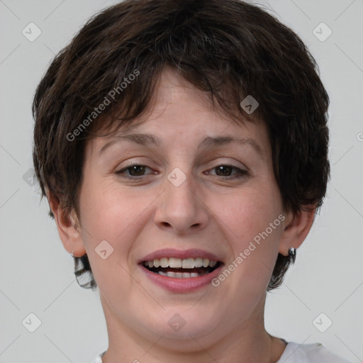 Joyful white young-adult female with medium  brown hair and brown eyes