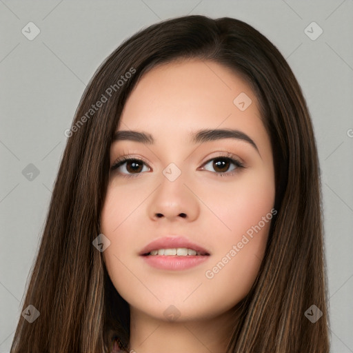 Neutral white young-adult female with long  brown hair and brown eyes