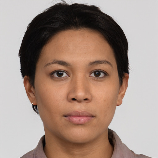 Neutral asian young-adult female with short  brown hair and brown eyes